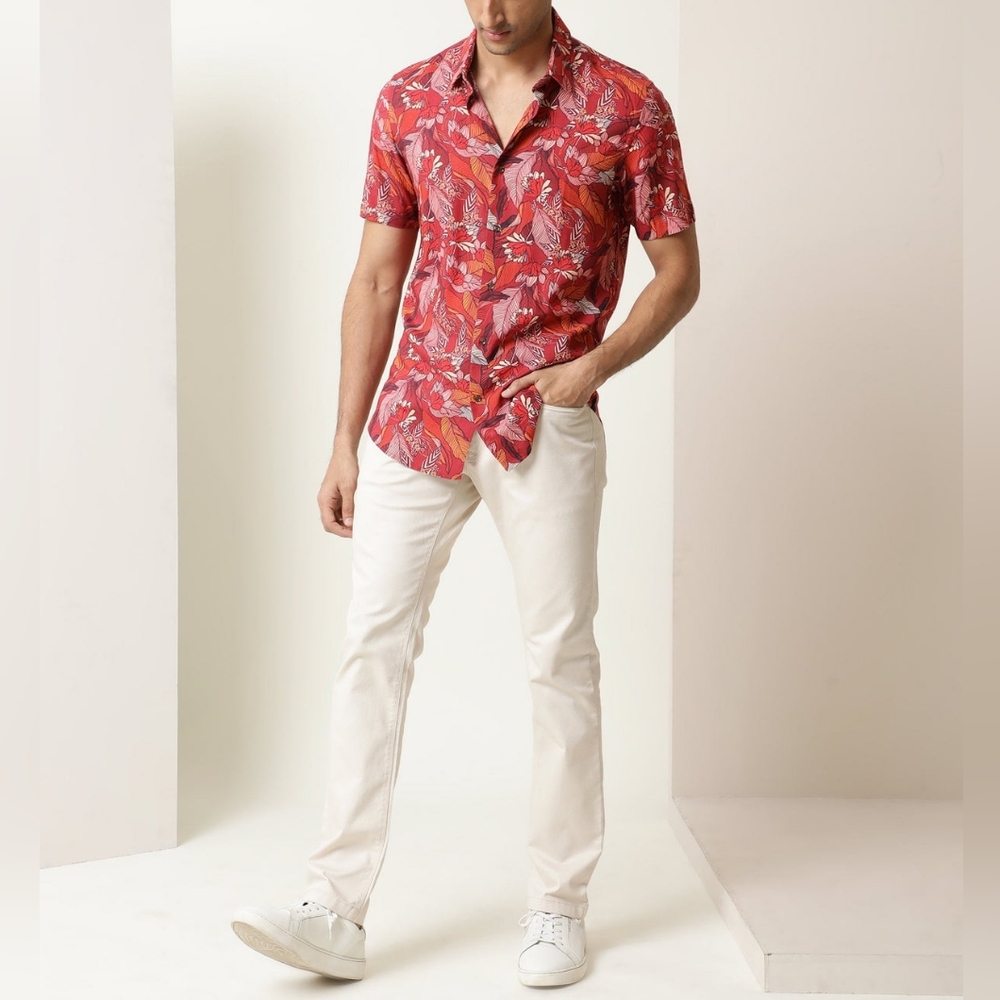 Rare Rabbit Sinq Dark Red Tropical Floral Print Size Medium